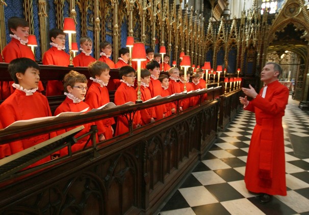 Organist and Master of the Choristers James O'Donnell, right, conducts the Choir of Westminster Abbey, who will sing at the royal wedding