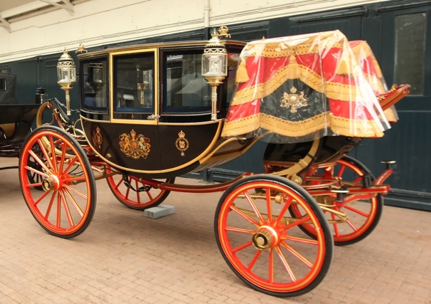 The Glass Coach at the Royal Mews in central London. The coach, which was built in 1881 and is traditionally used by royal brides to travel on their wedding day, will be used to carry Prince William and Kate Middleton in the event of bad weather